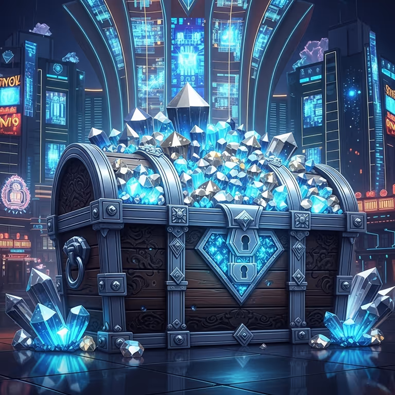 Treasure chest filled with glowing blue gems and coins.