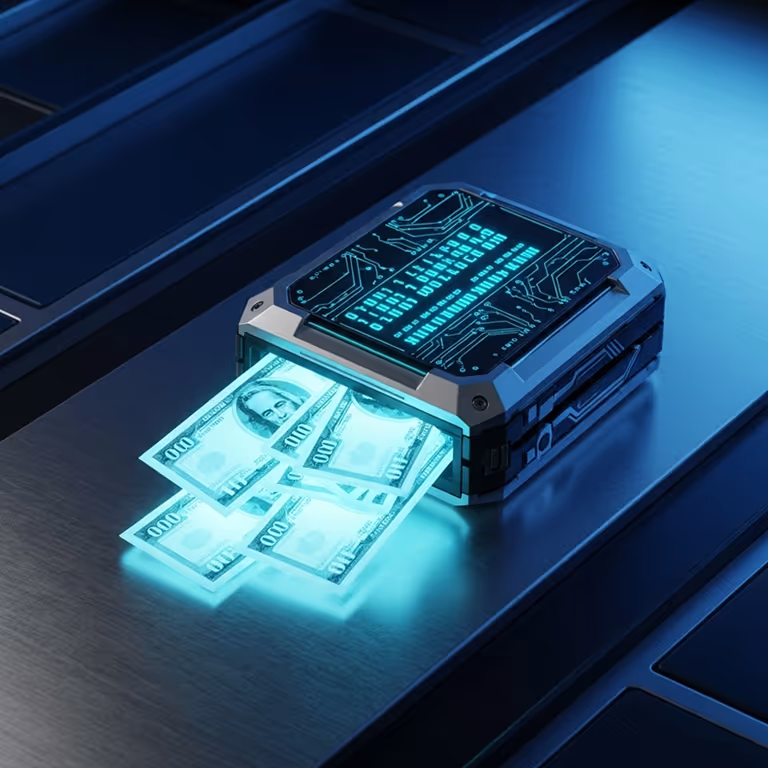 KodaBet Casino showcasing digital cash emerging from a futuristic payment device.