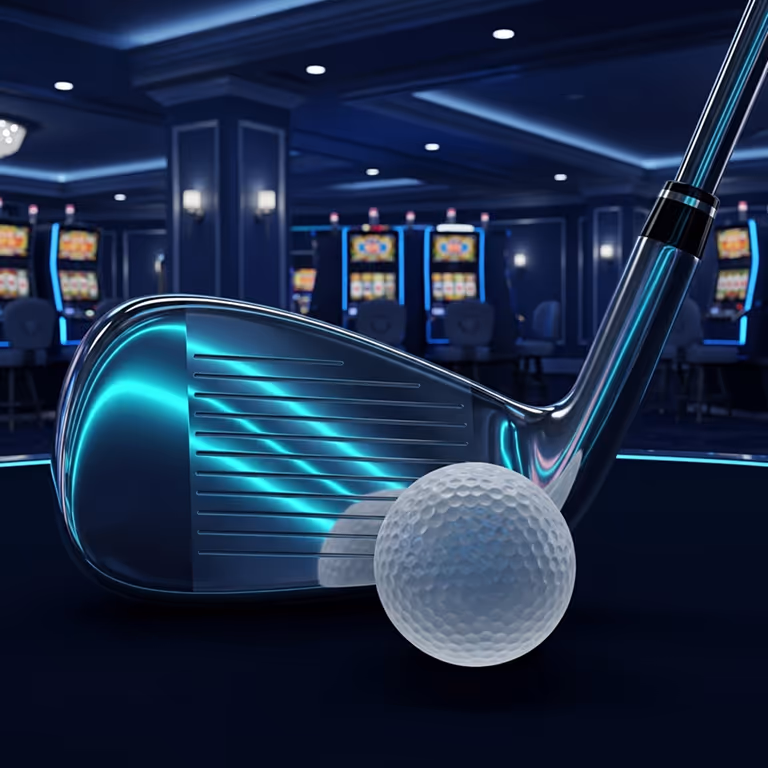 Close-up of a golf club and ball under bright neon lights.
