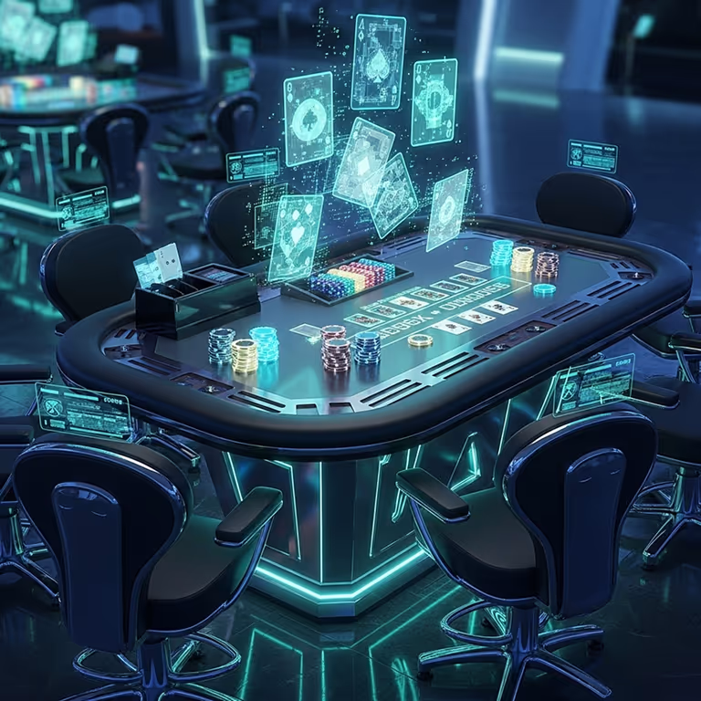 Modern roulette and blackjack table illuminated with blue neon lights.